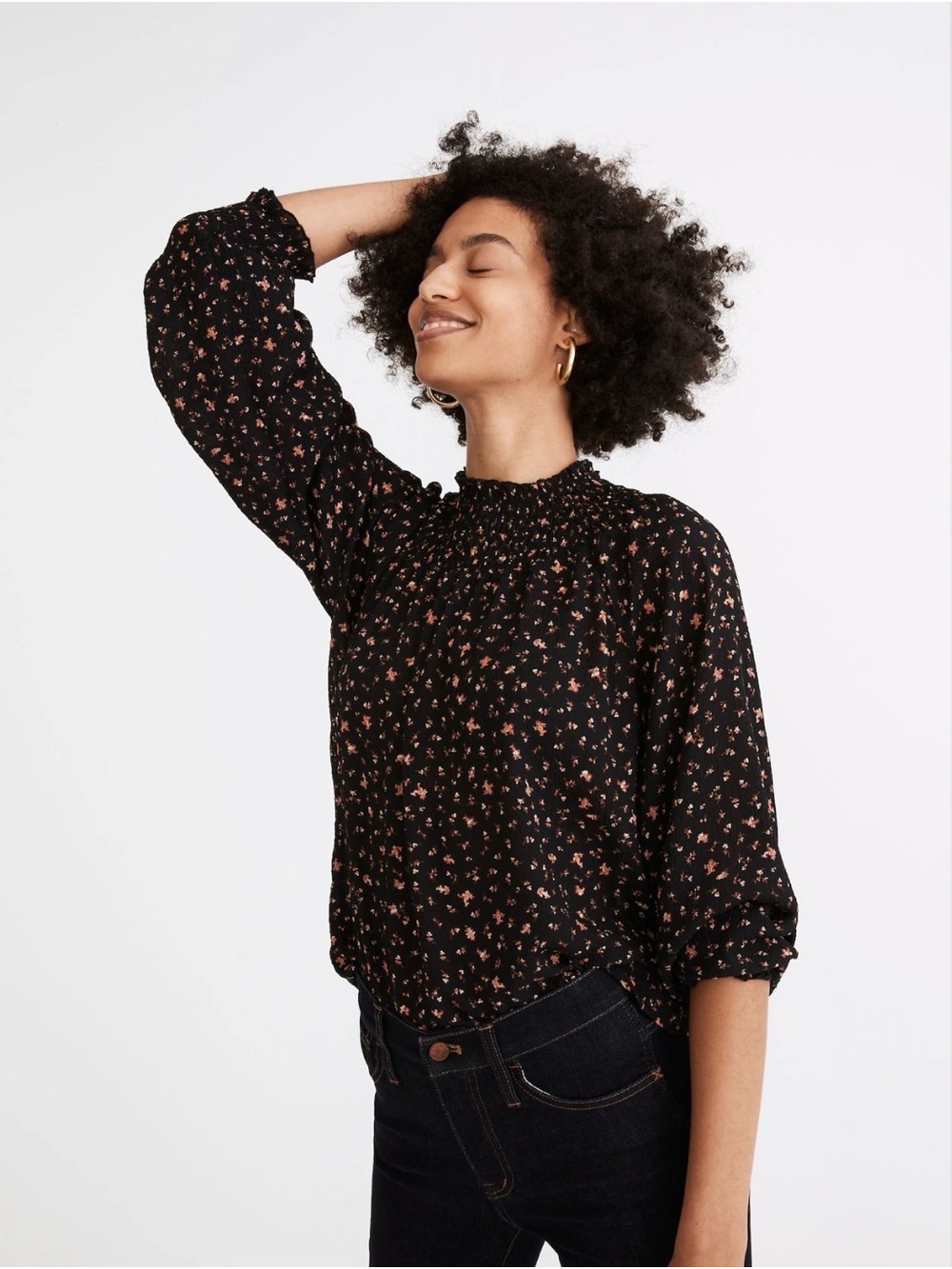 Madewell Black Floral Smocked-Neck Blouse